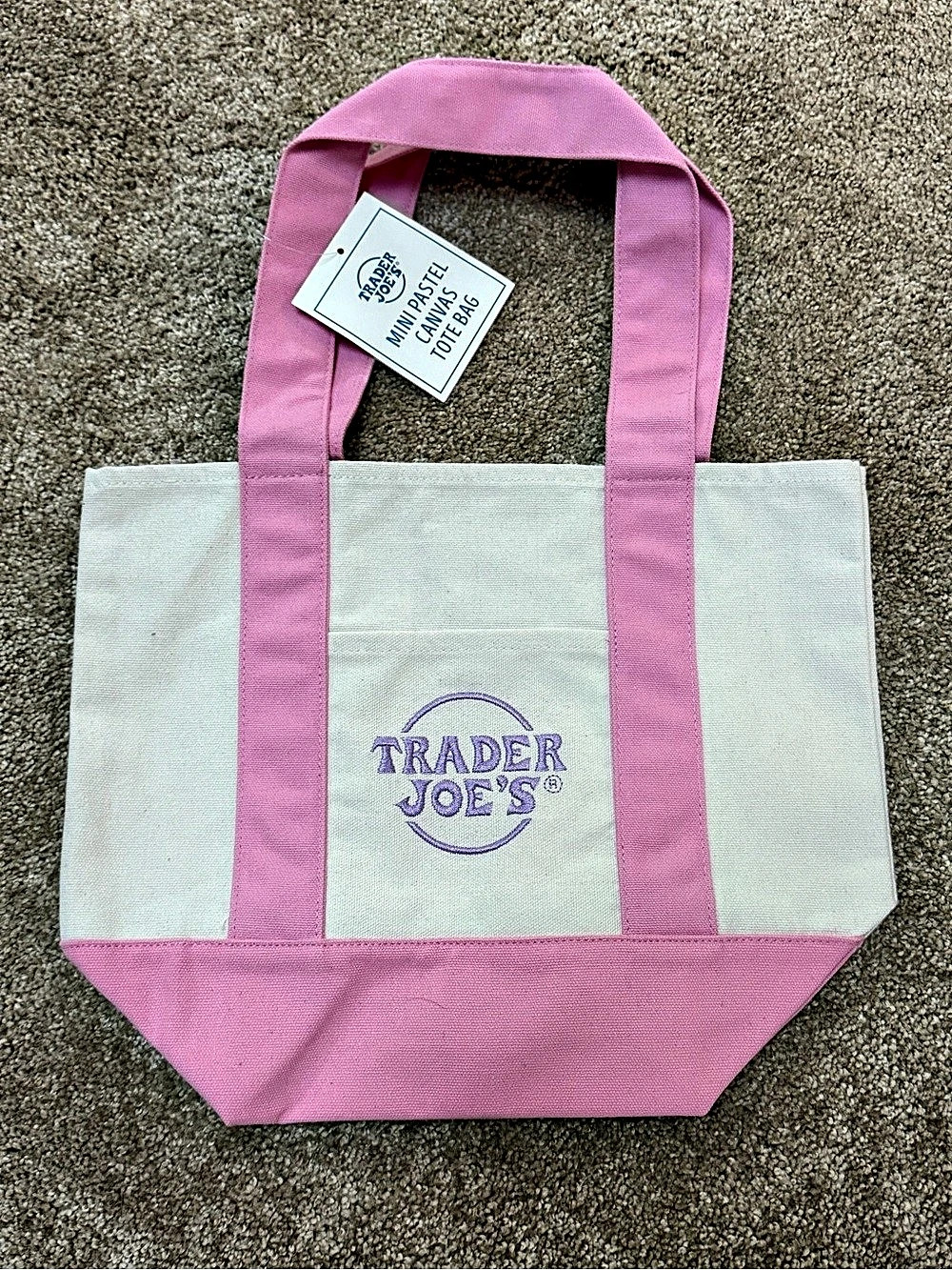 Trader Joe's Mini Pastel Canvas Tote Bag Pink & White NWT